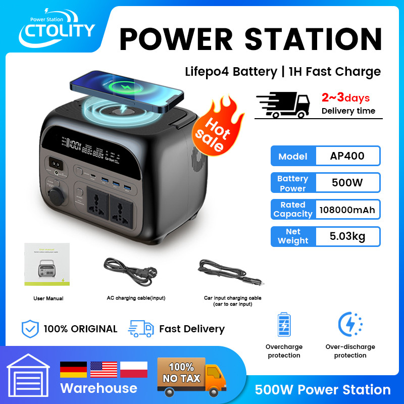 Ctolity 345 Wh 500 W tragbares Kraftwerk 220 V Lifepo4-Batterie-Solargenerator 108000 mAh Campingausrüstung Drahtloses Laden