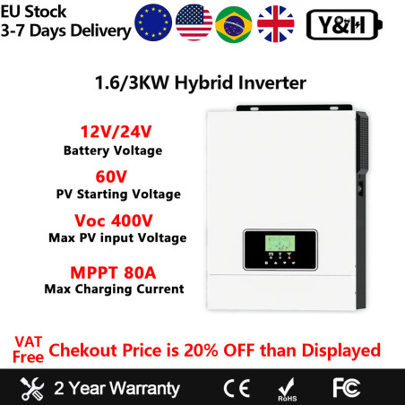 Y&H 1600W 3000W Hybrid Solar Inversor 12V 24V Off-Grid Inversor AC230V MPPT 80A Solar Ladegerät PV 30-400V In Unterstützung WIFI