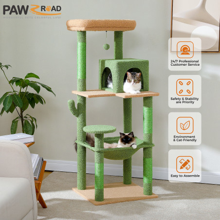 Kaktus-Kratzbaumturm für große Katzen mit Metallplüsch, große Hängematte für Hauskatzen mit 2-türigem Eigentumswohnung und