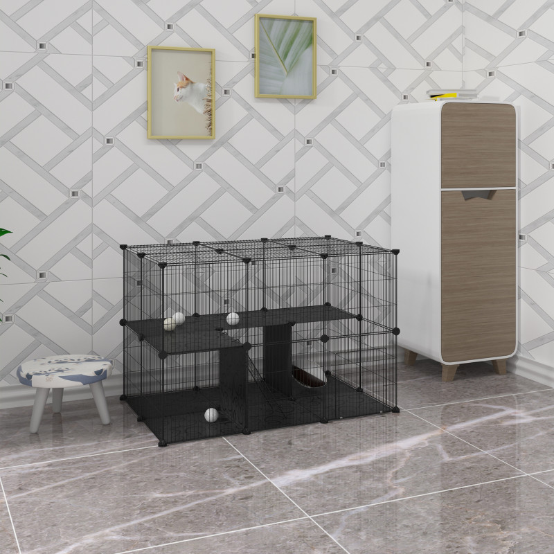 DIY schwarzer Haustier-Laufstall, 38 Panels mit Türtreppe, zweistufiges Außengehäuse für Katzen, Hasen, Meerschweinchen,