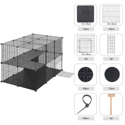 DIY schwarzer Haustier-Laufstall, 38 Panels mit Türtreppe, zweistufiges Außengehäuse für Katzen, Hasen, Meerschweinchen,