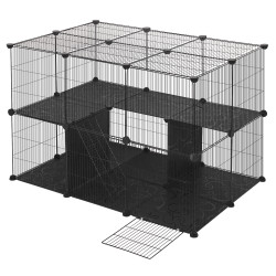 DIY schwarzer Haustier-Laufstall, 38 Panels mit Türtreppe, zweistufiges Außengehäuse für Katzen, Hasen, Meerschweinchen,