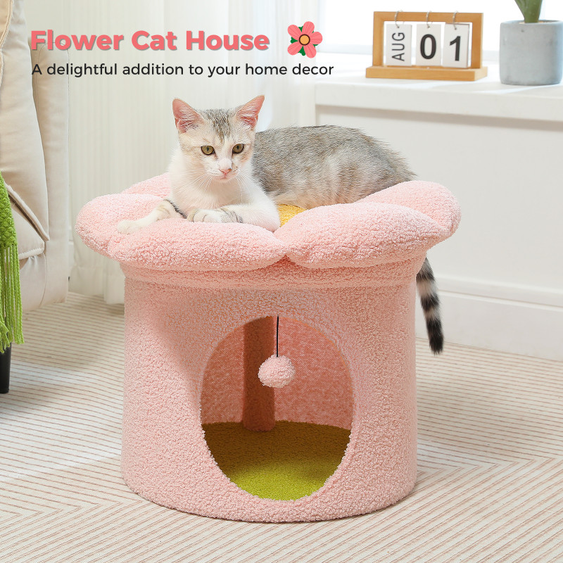Katzenbetten für Hauskatzen, großes Katzenhaus mit abnehmbarem Blumen-Katzenbett, süßes Katzenversteck für Katzenhöhlen,