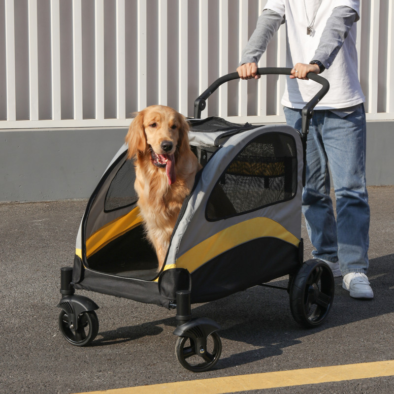 Tragbarer Hundewagen mit 4 Rädern für große Hunde, faltbarer Haustier-Katzen-Reisewagen, atmungsaktiver Träger zum Spielen im