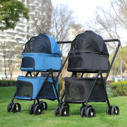 Faltbarer Kinderwagen mit 4 Rädern, doppelter Hundekinderwagen für Reisen, Spaziergänge, abnehmbare tragbare Haustiertasche für