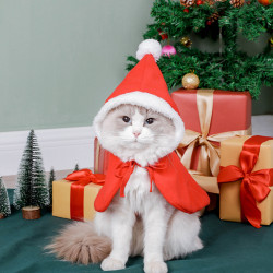 Weihnachts-Katzen-Outfit, Haustier-Umhang mit Pompons, Haustier-Kapuzenumhang, süßer Welpen-Umhang, Haustier-Weihnachtsumhang,