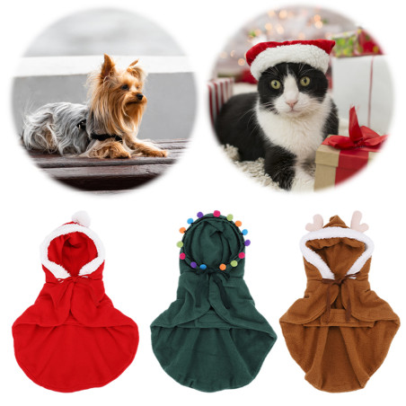 Weihnachts-Katzen-Outfit, Haustier-Umhang mit Kapuze und Pompons, Welpen-Umhang, Katzenkostüm, Haustier-Weihnachtsumhang für