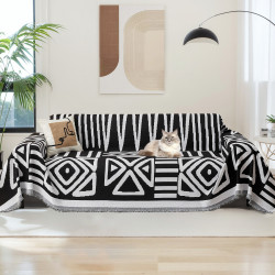 Boho-Couchbezug, modern, weich, Chenille, weiß, schwarz, dreieckig, kariert, Sofabezug, 4 Jahreszeiten, 3 Kissen, Couchbezug für