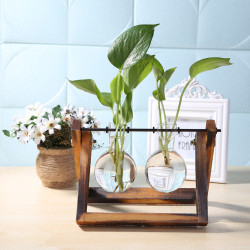 Hydrokultur-Pflanzenvasen, Vintage-Blumentopf, transparente Kreisflasche, Holzrahmen, Borosilikatglas, kreativer Behälter