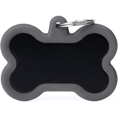 My Family Personalisiertes Hundeschild für Hunde, hergestellt in Italien, XL-Knochen, Schwarz und Grau, Gravur, Aluminium und