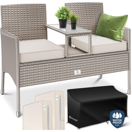 KESSER® Polyrattan Gartenbank 2-Sitzer Bank mit integriertem Tisch, 143×63×88 cm - Rattan Sitzbank Garten Balkon Gartensofa