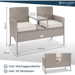 KESSER® Polyrattan Gartenbank 2-Sitzer Bank mit integriertem Tisch, 143×63×88 cm - Rattan Sitzbank Garten Balkon Gartensofa