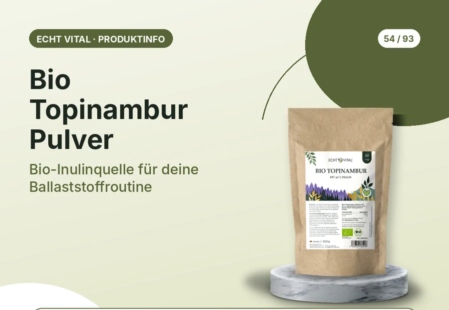 Bio Topinambur Pulver von Echt Vital mit Produktabbildung und Affiliate-QR-Code