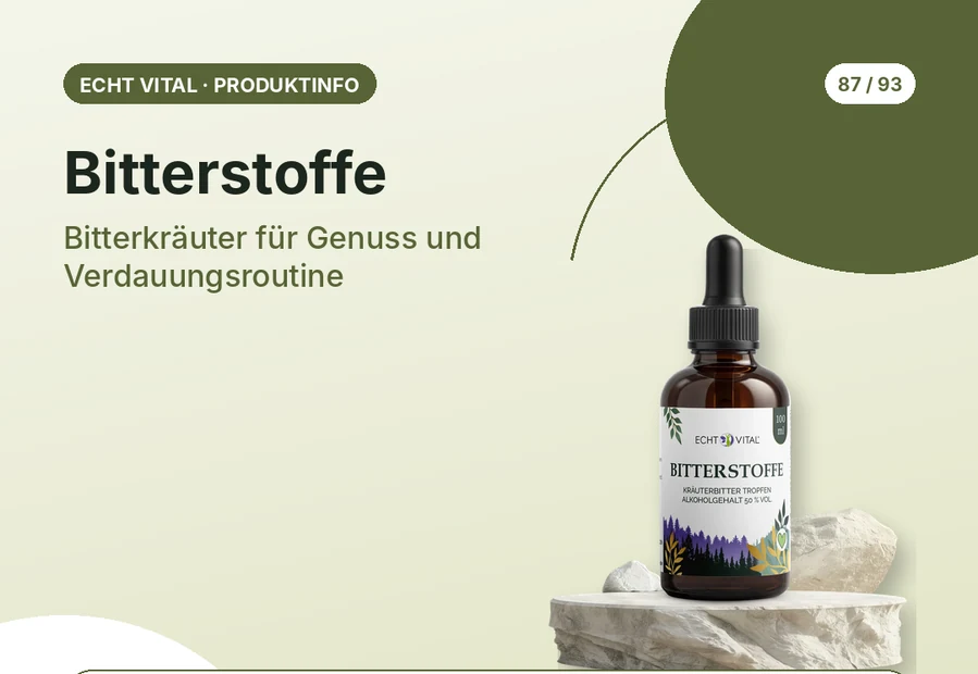 Bitterstoffe von Echt Vital mit Produktabbildung und Affiliate-QR-Code