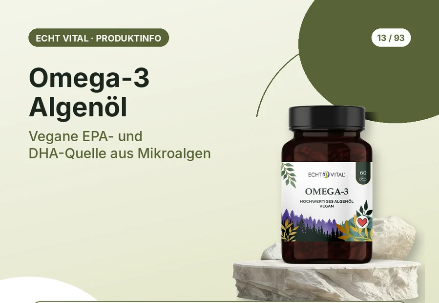 Omega-3 Algenöl von Echt Vital mit Produktabbildung und Affiliate-QR-Code