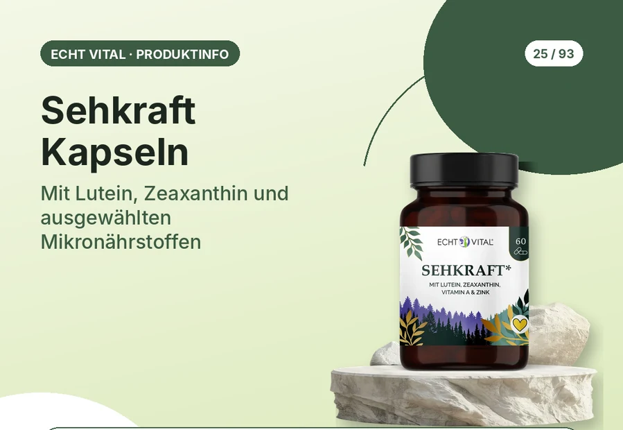 Sehkraft Kapseln von Echt Vital mit Produktabbildung und Affiliate-QR-Code