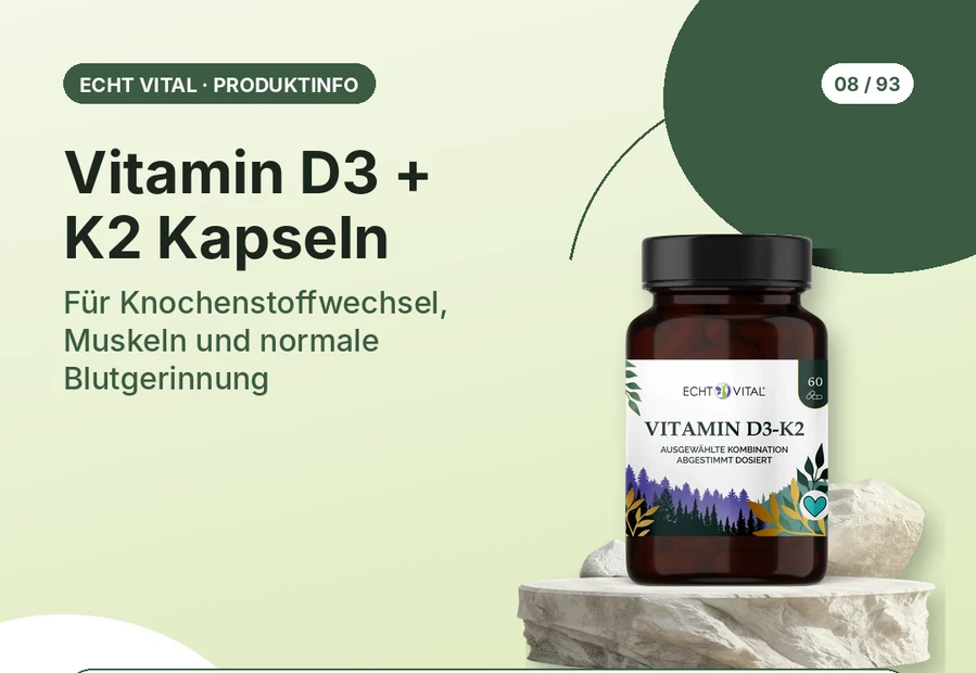 Vitamin D3 + K2 Kapseln von Echt Vital mit Produktabbildung und Affiliate-QR-Code