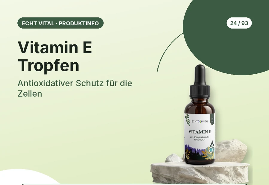 Vitamin E Tropfen von Echt Vital mit Produktabbildung und Affiliate-QR-Code