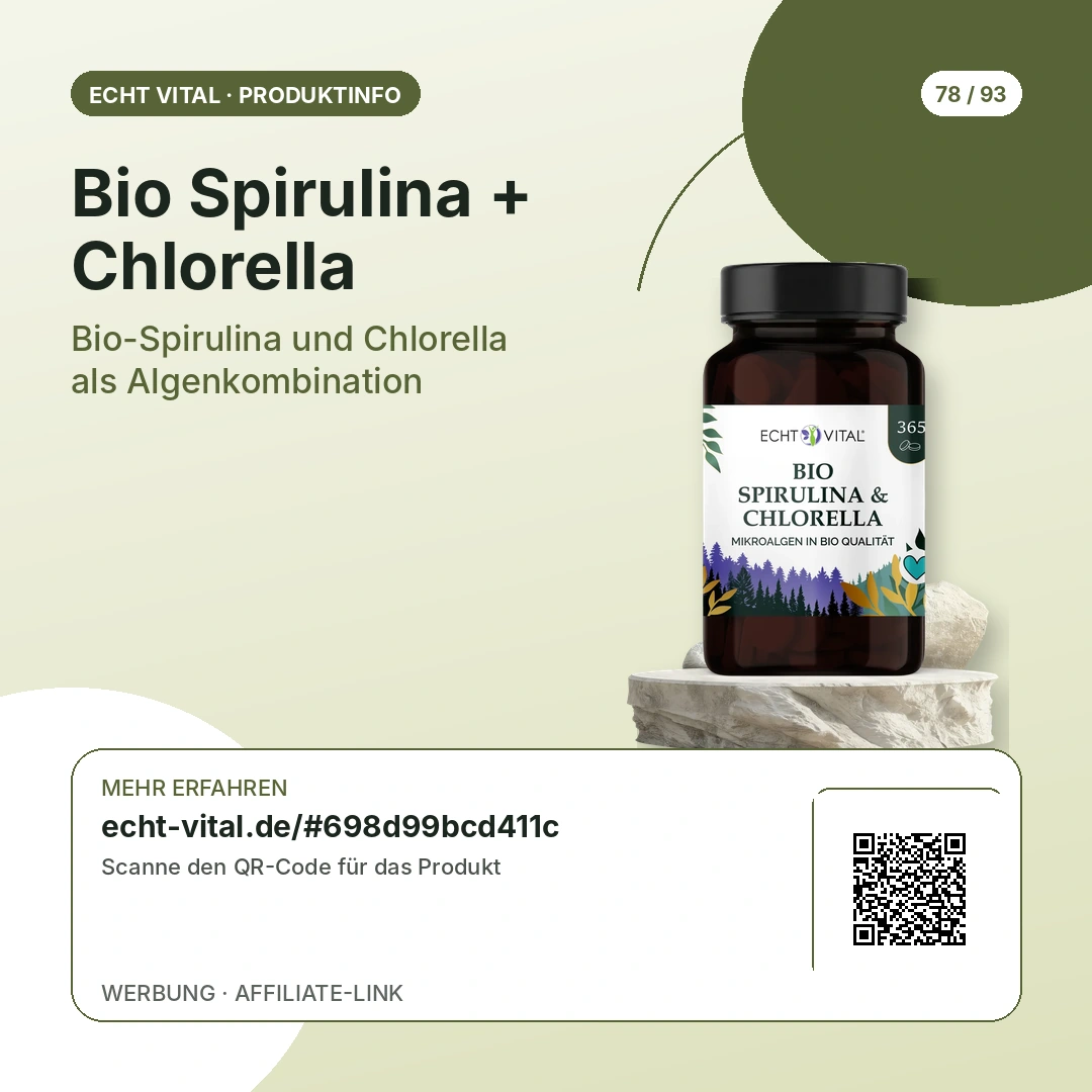 Bio Spirulina + Chlorella von Echt Vital mit scanbarem QR-Code zum Affiliate-Produktlink