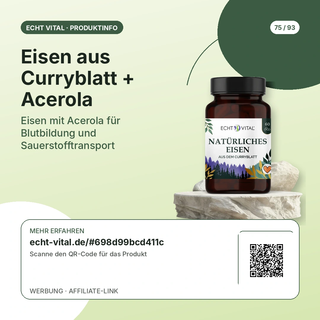 Eisen aus Curryblatt + Acerola Vergleich mit scanbarem Affiliate-QR-Code