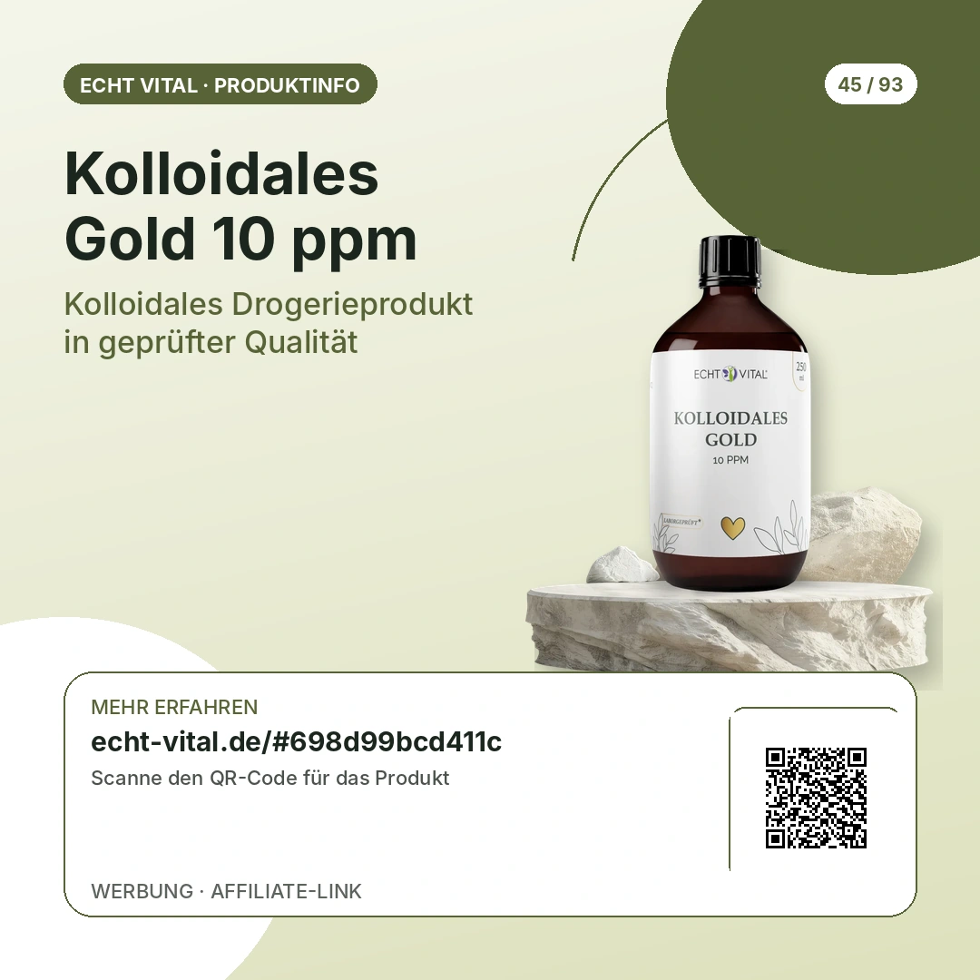 Kolloidales Gold 10 ppm als Produkt mit QR-Code zur Produktseite
