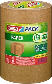 tesa tesapack Paper ecoLogo im 3er Pack - Umweltgerechtes Paketband aus Papier, 60% biobasiertes Material - Braun - 3 Rollen je 50 m x 50mm Test 2025