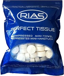 RIAS Rias Trockentücher in Tablettenform, 100 biologisch abbaubar, gepresstes Minihandtuch, platzsparend, weich, saugfähig, erfrischendes Feuchttuch, Reinigungstuch, 100 Stück