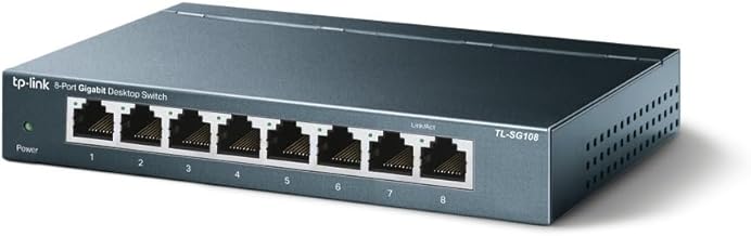 TP-Link TL-SG108 8-Port Gigabit Netzwerk Switch (Plug-and-Play, 8* RJ-45 LAN Ports, Metallgehäuse, IGMP-Snooping, unmanaged, lüfterlos) blau metallic