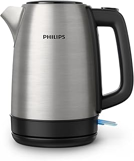 Philips Daily Collection Metall Wasserkocher – 1,7L, Leuchtanzeige, 360°-Basis, Mikro-Sieb-Filter, Flaches Heizelement, Sprungdeckel, Energiesparend, Sicheres Design, Schnelles Aufkochen (HD9350/90)