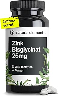 natural elements Zink 25mg – 365 Tabletten – gut verträgliches Zinkbisglycinat (Zink-Chelat) – vegan, hochdosiert, ohne unnötige Zusätze – in Deutschland produziert & laborgeprüft