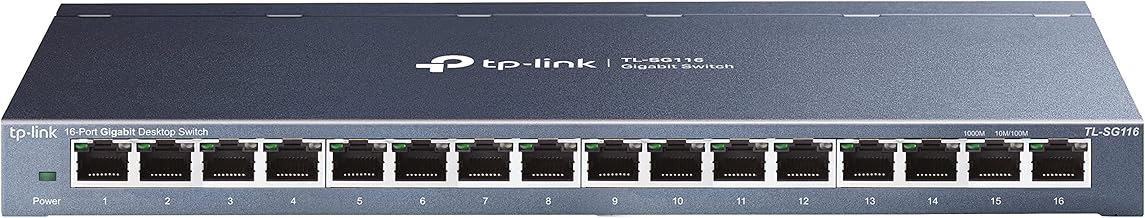 TP-Link TL-SG116 16-Port Gigabit-/Netzwerk Switch (32Gbit/S Switching-Kapazität, geschirmte RJ-45 Ports, Metallgehäuse, IGMP-snooping, Unmanaged, Plug-und-Play, lüfterlos) blau Metallic