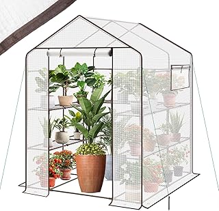 Sekey Gewächshaus 200x145x145 cm, Foliengewächshaus Stabil, Gewächshaus Balkon mit 10 Regalböden für optimales Pflanzenwachstum, Weiß, XXL