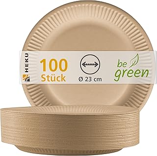 HEKU be green 100 Bio-Pappteller, 23cm Ø I FSC-Zertifiziert I Biologisch abbaubar, vielseitig & umweltfreundlich I Ideal fürs Grillen, Picknick und Partys Test 2025