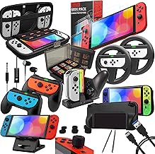 Orzly Switch Accessories Bundle Geek Pack for Nintendo Switch: Case & Screen Protector, Joycon Grips & Racing Wheels, Switch Tablet & Controller Charge Docks & More [15in1] Black