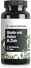 natural elements Biotin + Selen + Zink für Haut, Haare & Nägel - 365 vegane Tabletten - Ohne Magnesiumstearat, laborgeprüft
