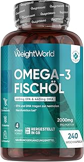 Omega 3 Weichkapseln - 2000mg Fischöl mit 1100mg Omega-3, 660mg EPA & 440mg DHA pro Portion - 240 Softgels - EPA & DHA tragen zur normalen Herzfunktion bei (EFSA) - Fish Oil - WeightWorld