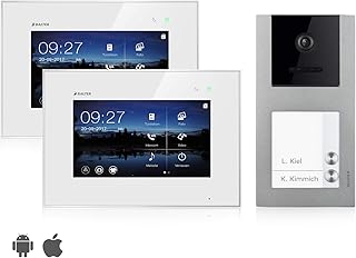 Balter EVO Video Türsprechanlage, Touchscreen, 2X 7 Zoll Monitor, Smartphone App, 2-Draht Bus, Aufputz Türstation für Mehrfamilienhaus, RFID Funktion (2 Familienhaus, Mit App)