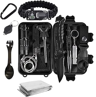 Survival Kit 15 in 1 - Außen Notfall Survival Kit mit Messer/Taktische Taschenlampe für Camping/Bushcraft/Wandern/Jagden/Outdoor Abenteuer, Schwarz Test 2025