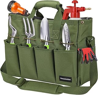 Housolution Garten Werkzeugtasche, 35 x 14 x 28 cm Tragbar Gartentasche Wasserdicht Aufbewahrungstasche mit Mehreren Taschen und verstellbarem Schultergurt Werkzeugbeutel für Haus Garage, Dunkel Grün Test 2025