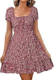 Damen Kleid Lässig Sommerkleid Blumendruck Hohe Taille Kleider Puff Ärmel Retro Sexy Casual Tunika Beach Minikleid