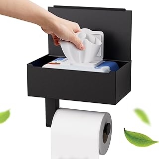 Toilettenpapierhalter Schwarz, Heatigo Klopapierhalter Ohne Bohren mit Feuchttücherbox Klorollenhalter, Toilettenpapierhalter mit Ablage für Badezimmer, Selbstklebend or Bohren (20.4cm *14cm* 7.3cm)