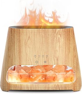 SALKING 2-in-1 Aroma Diffuser & Salt Range Pakistan Leuchte, Flammeneffekt Diffusor für ätherische Öle, Diffusor Kühler Nebel Luftbefeuchter mit 3-Helligkeit, 150ml(Holz)