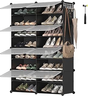 SONGMICS Schuhregal, modulares Regal mit 8 Fächern für 32 Paar Schuhe, mit Türen, Stahlrahmen und Kunststoffablagen, für Schlafzimmer, Schwarz und Transparent LPC034B01 Test 2025