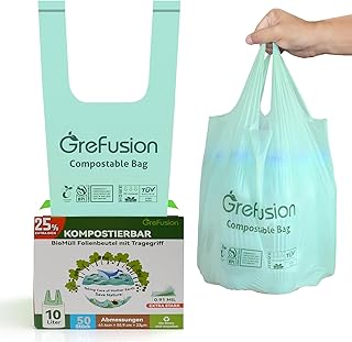 GreFusion Extra Stark 10L Biomüllbeutel mit Henkel 50 Stück Müllbeutel mit Tragegriff