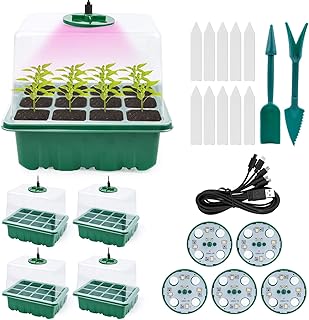 Mini Gewächshaus Anzucht, 5 Stück Zimmergewächshaus Anzuchtkasten mit Licht, Treibhaus Anzuchtschale mit Hoher Deckel, Setzling Starter Tabletts,Anzuchtset,10 Etiketten 2 Werkzeuge,für Sämling Pflanze Test 2025