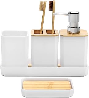 FEILANDUO Badezimmer-Zubehör-Set, 5-teiliges Badezimmer-Zubehör-Geschenk-Set, Seifenspender, Seifenschale, Zahnbürstenhalter, Zahnputzbecher, Schminktisch-Tablett, Boho, Moderne Badezimmer-Dekoration