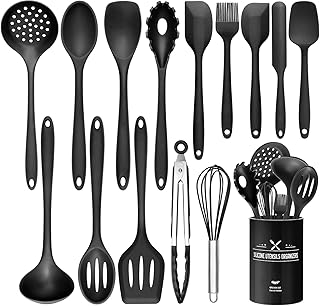 Wildone 15-teiliges Silikon Küchenutensilien-Set, Hitzebeständig, Spülmaschinenfest, Antihaftbeschichtet (Schwarz)