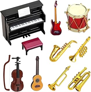 Miniatur Zubehör,10 Stück Puppenhaus Mini Musikinstrument Modell,Miniatur Puppenhaus Set,Miniatur Deko Mini Puppenhaus,1:12 Klavier E-Gitarre Miniatur Geige Trompete Saxophon Test 2025