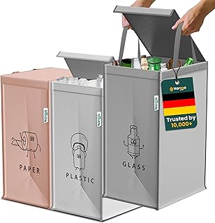 Mülltrennsystem 3fach – Set aus 3 Mülltrennsysteme für Plastik, Papier und Glas – Recycling Behälter 40L mit Griff – Abfall & Recycling Lösung – Mülltrennsystem Küche – Altpapier & Altglas