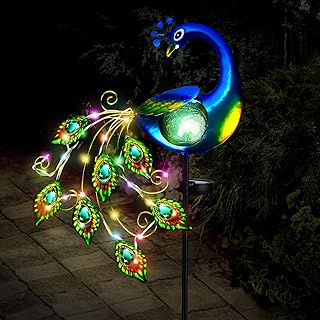 Solarlampen für Außen Garten, Pfau Garden Solar Pfahl Lichter Garten Statue Metall Pfau Gartendeko, Ständer Solarleuchten Lichterkette IP65 Wasserdicht für Rasen Terrasse Yard Balkon Test 2025